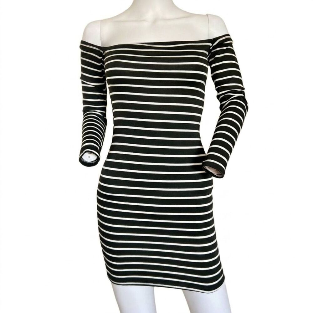 Windsor Black White Striped Off The Shoulder Long Sleeve Mini Dress Size XS